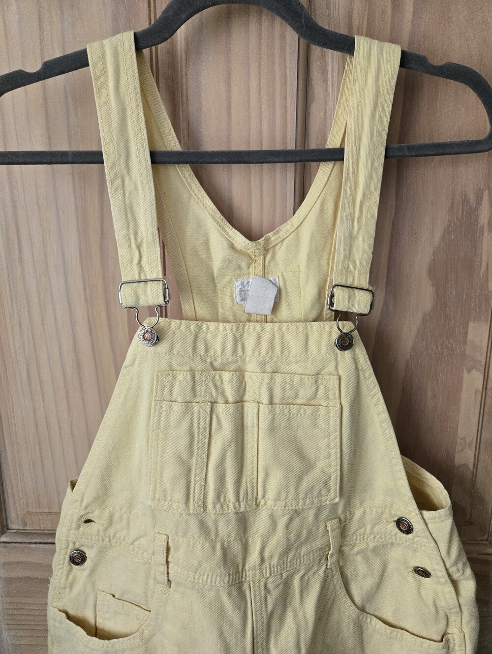 Vintage 90s Moda International Pastel Yellow Denim Shortalls Overalls Size Small - Picture 3 of 10